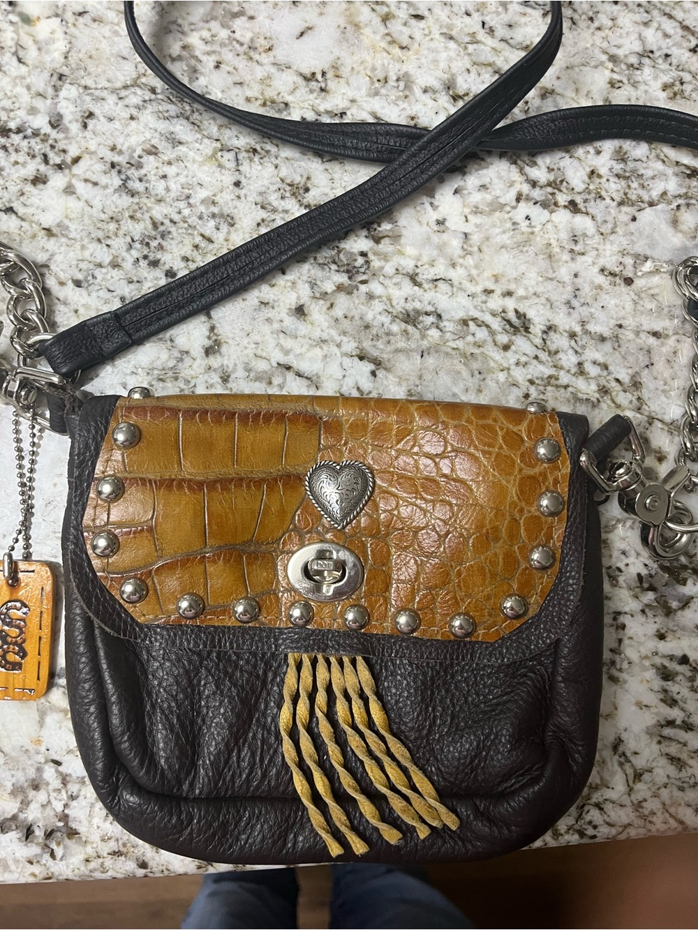 Vintage Brighton Leather Crossbody Bag with Tan Croc Flap and Dark Brown Body